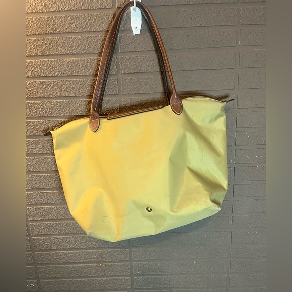 Longchamp Le Pliage Large Tote Khaki Brown Leather Nylon Bag - Picture 4 of 8